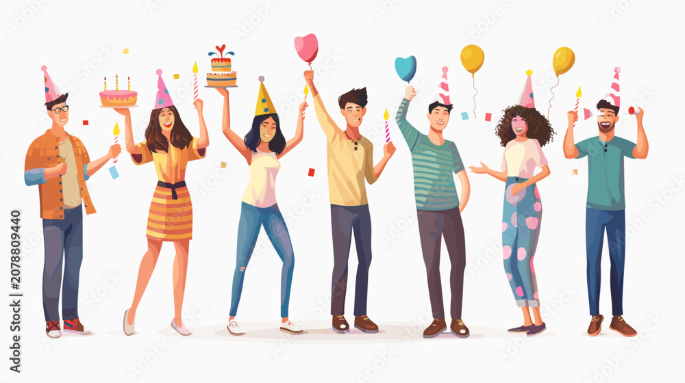 Obraz premium Diverse Group Celebrating Birthday Party With Confetti And Balloons Having Fun Together