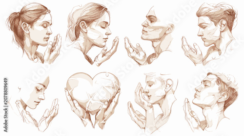 Billede på lærred Diverse Human Hands And Faces Pixel Art In Sepia Tone With Heart Shape Detail
