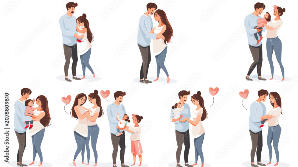 Obraz premium Happy Family Couples Hugging Young Children with Pink Hearts on White Background Vector