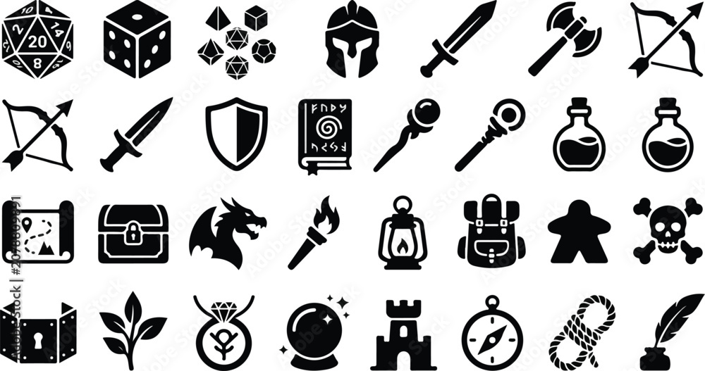 Fototapeta premium Tabletop rpg game and fantasy quest adventure flat icons