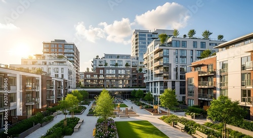 Modern Urban Residential Complex with Green Spaces and High-Rise Buildings.