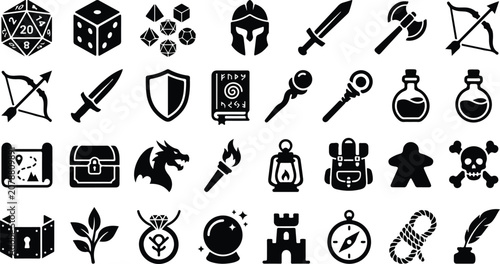 Bild auf Leinwand Tabletop rpg game and fantasy quest adventure flat icons