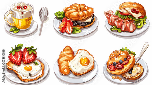 Quadro su tela Pixel Art Breakfast Assortment Featuring Croissants Fried Eggs and Fruit With Co