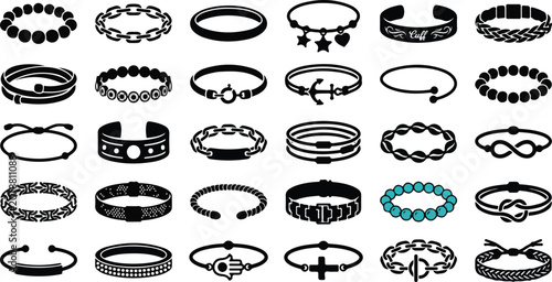 Obraz na płótnie Diverse collection of stylish bracelet icons in black and white