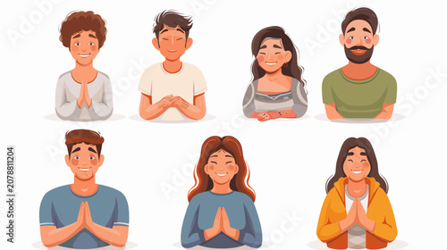 Obraz na płótnie Pixel Art Group Portrait Praying Gestures Diverse People White Background