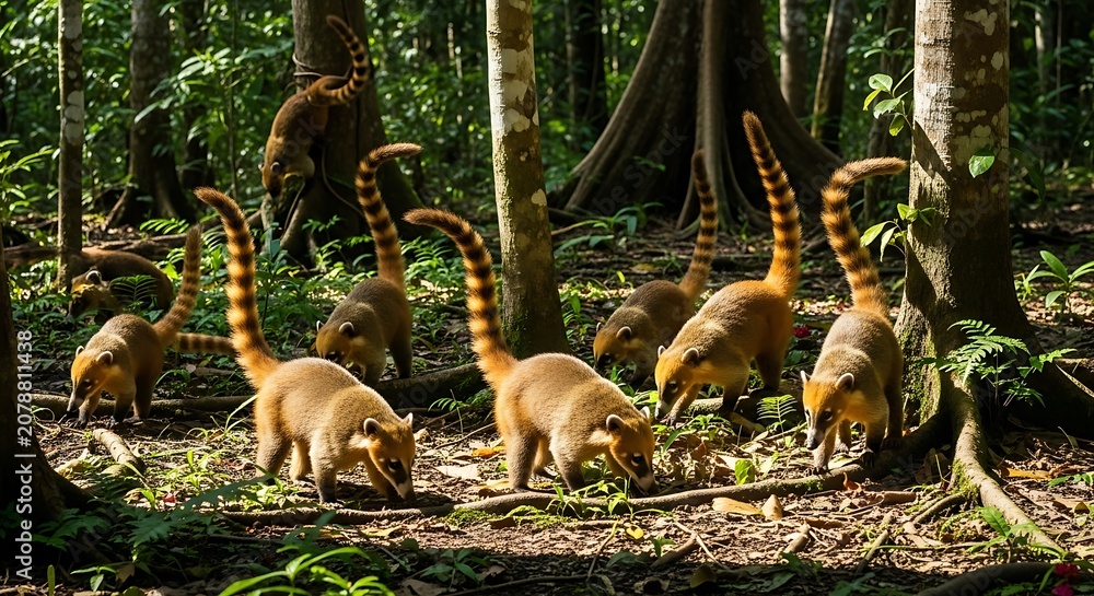 Fototapeta premium Group of Lemurs Walking Through Dense Jungle Forest.