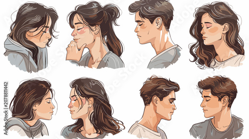 Принти на полотні Pixel Art Portraits of Young Men and Women in Profile Views Thoughtful Expressio