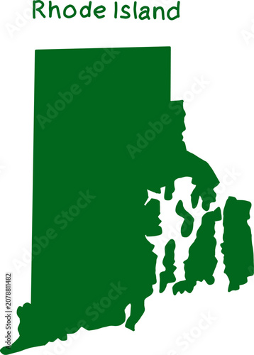 Green silhouette map of Rhode Island with state name on a white background. Clean geographic outline ideal for education, travel, and design.