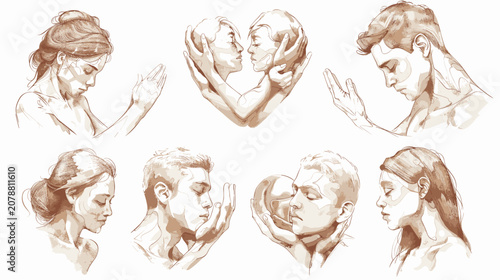 фотографія Sepia Tone Pixel Art Collection Depicting Romantic Couples And Individuals With