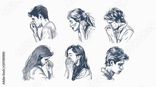 Cuadro en lienzo Six Stylized Sketches of Women in Thoughtful Pensive Poses in Dark Blue Ink on W