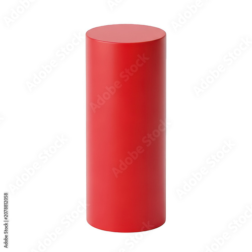 Solid red cylindrical pedestal or display stand with a smooth matte finish, isolated against a solid black background, 3d rendered