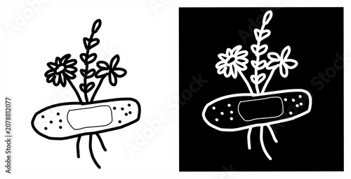 Black and white floral bandage illustration with blooming flowers growing from an adhesive strip. Creative healing, care, wellness, and hope concept