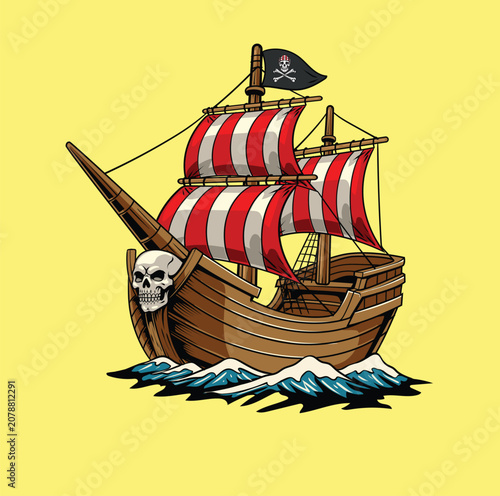 Εκτύπωση καμβά Vintage hand-drawn illustration of a pirate galleon ship with red and white stri