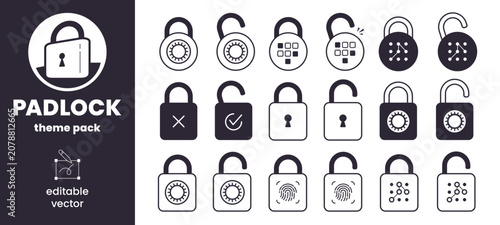 Cyber security and data protection lock icons set, vector flat line art open and closed padlock collection with safe combination dial, fingerprint biometric scanner and digital keypad codes