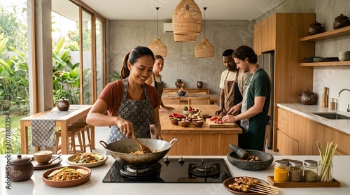 Diverse group of friends participating in a cooking class together