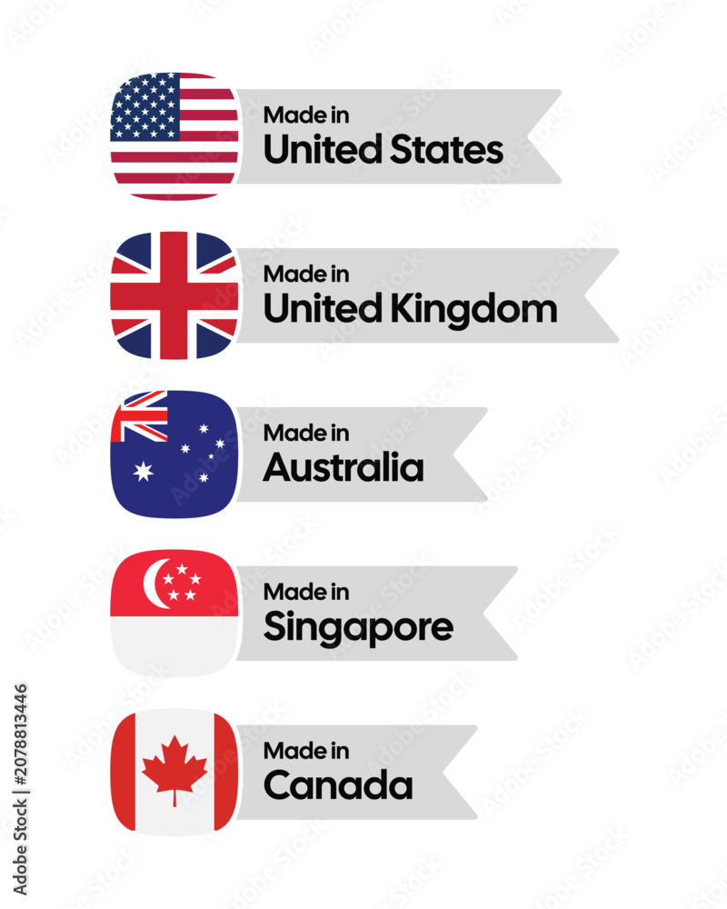 Obraz premium Made in United States United Kingdom Australia Singapore Canada Ribbon Labels Set with National Flags – Clean Country of Origin Banners for Product Packaging, Branding and Manufacturing