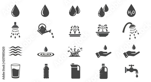 Картината върху платно Water icons set, 20 black and white illustrations, liquid symbols, droplets, hyd