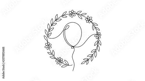 Foto Hand-drawn balloon and floral wreath, minimalist line art, celebration, organic