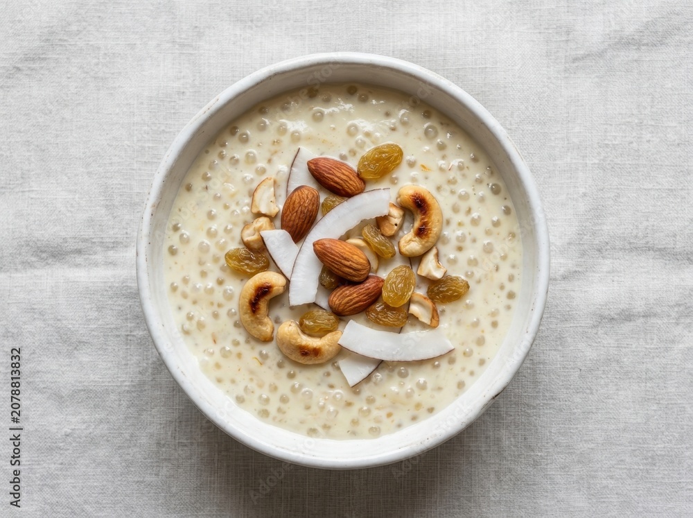 Fototapeta premium A delicious bowl of creamy breakfast porridge topped with almonds cashews raisins and coconut