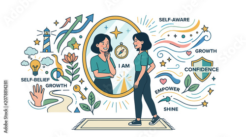Photos Woman reflecting in a mirror with symbols of growth and empowerment
