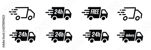 Delivery truck icons set with 24h and free text