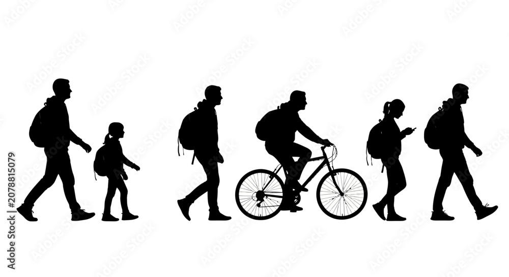 Obraz premium People walking, silhouettes, backpacks, commuters, cycling, traveling