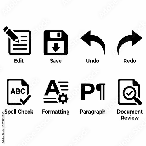 Принти на полотні Black and white icons representing various document editing and processing functions, including edit, save, undo, redo, spell check, formatting, paragraph, and document review