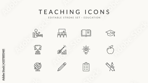 Flat line icons set for education and teaching activities . Vector illustration.