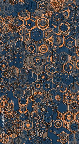 Abstract Geometric Pattern with Hexagons and Circles in Blue and Gold Tones.