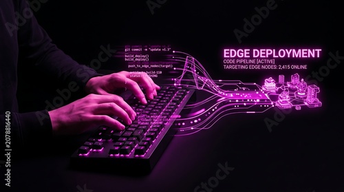 Edge Deployment Concept with Person Typing on Illuminated Keyboard.