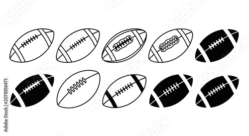American football icons, sports symbols, black and white footballs, rugby balls