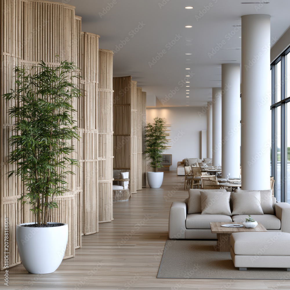 Obraz premium Modern hotel lobby with natural wood accents, large windows, potted bamboo, beige sofa, and dining area, creating calm welcoming atmosphere