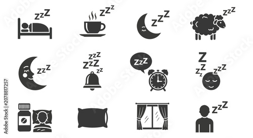 Obraz na plátně Sleep icons, insomnia symbols, dream signs, rest and relaxation graphics, 16 sle