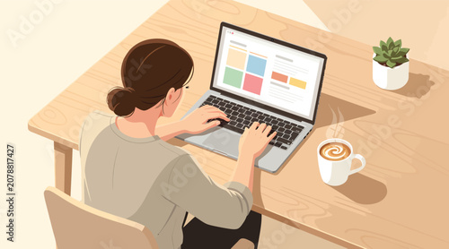 Young Woman Working Remotely on Laptop at Home Office Desk with Coffee and Plant, Online Business and Digital Communication Concept