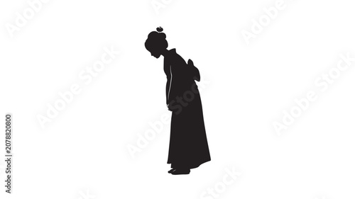 Japanese woman silhouette in traditional kimono, geisha bowing in respectful greeting, black vector profile of lady in yukata for cultural design