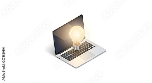 Creative problem solving with glowing laptop light bulb idea