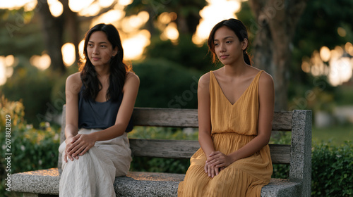 Two Filipino women who were once inseparable sitting on opposite ends of a park bench in silence, golden hour light splitting evenly between them, aftermath of a friendship