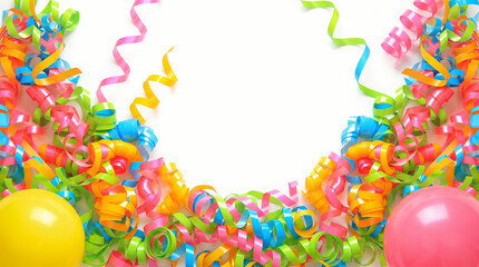 Festive party border frame made of colorful curly ribbon streamers with yellow and pink balloons on a clean white background with central copyspace
