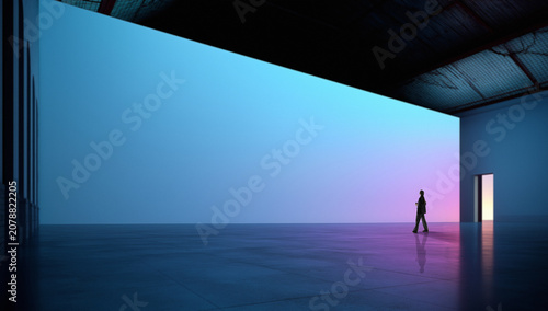 Business person walks through vast futuristic interior with soft blue and pink glow, reflective floor, and large copy space. Fits technology branding, corporate design, and innovation campaigns.