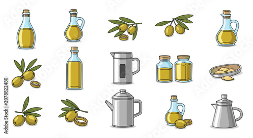 Olive oil production icons set featuring natural green olives, glass organic oil bottles, and metal dispensers.