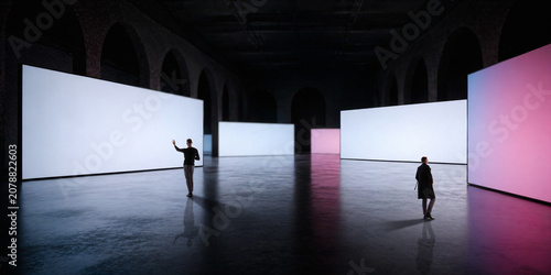 Bild auf Leinwand Visitors explore immersive digital space with glowing screens, reflective floor, dark arches, and panoramic layout
