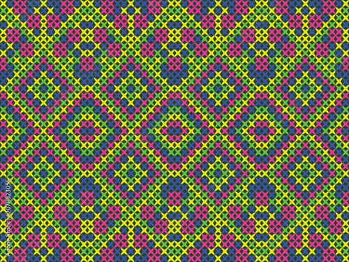 Vibrant geometric knit pattern with bold diamond motifs in neon yellow, pink, green, and blue. Perfect for fashion knitwear, sportswear, accessories, bags, blankets, and modern textiles.