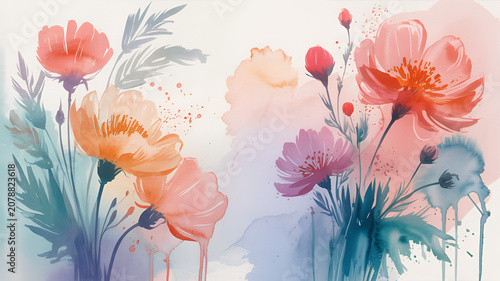 Watercolor floral arrangement in soft pastel tones with delicate brushstrokes and blooming petals