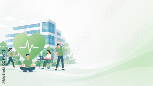 Health and productivity management concept with employee wellness, with copy space, flat illustration style
