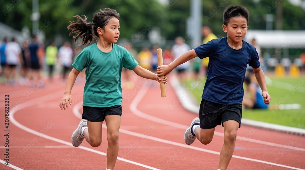 Fototapeta premium Two children running together on track during a relay race 