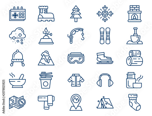 Adventurous winter camp outline icon set presents detailed cold recreation elements. Seasonal concept