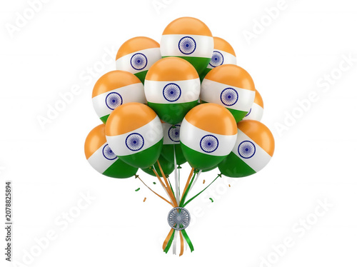 Festive bunch of shiny balloons with India flag print on white