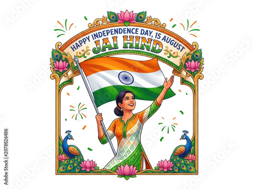Woman holding indian flag with lotus flowers and peacock motifs