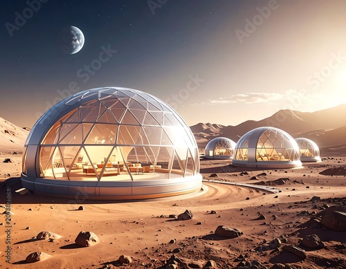 A futuristic desert habitat with transparent domes and a moon in the sky