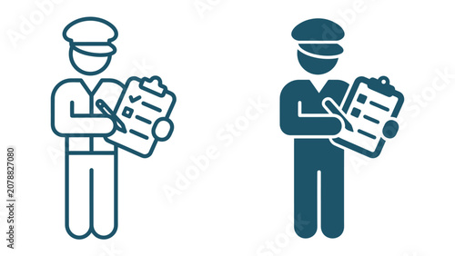 Billede på lærred Delivery Man Icons: Two stylized icons depicting a delivery person holding a clipboard and pen, one outlined and the other filled, representing logistics and service tasks